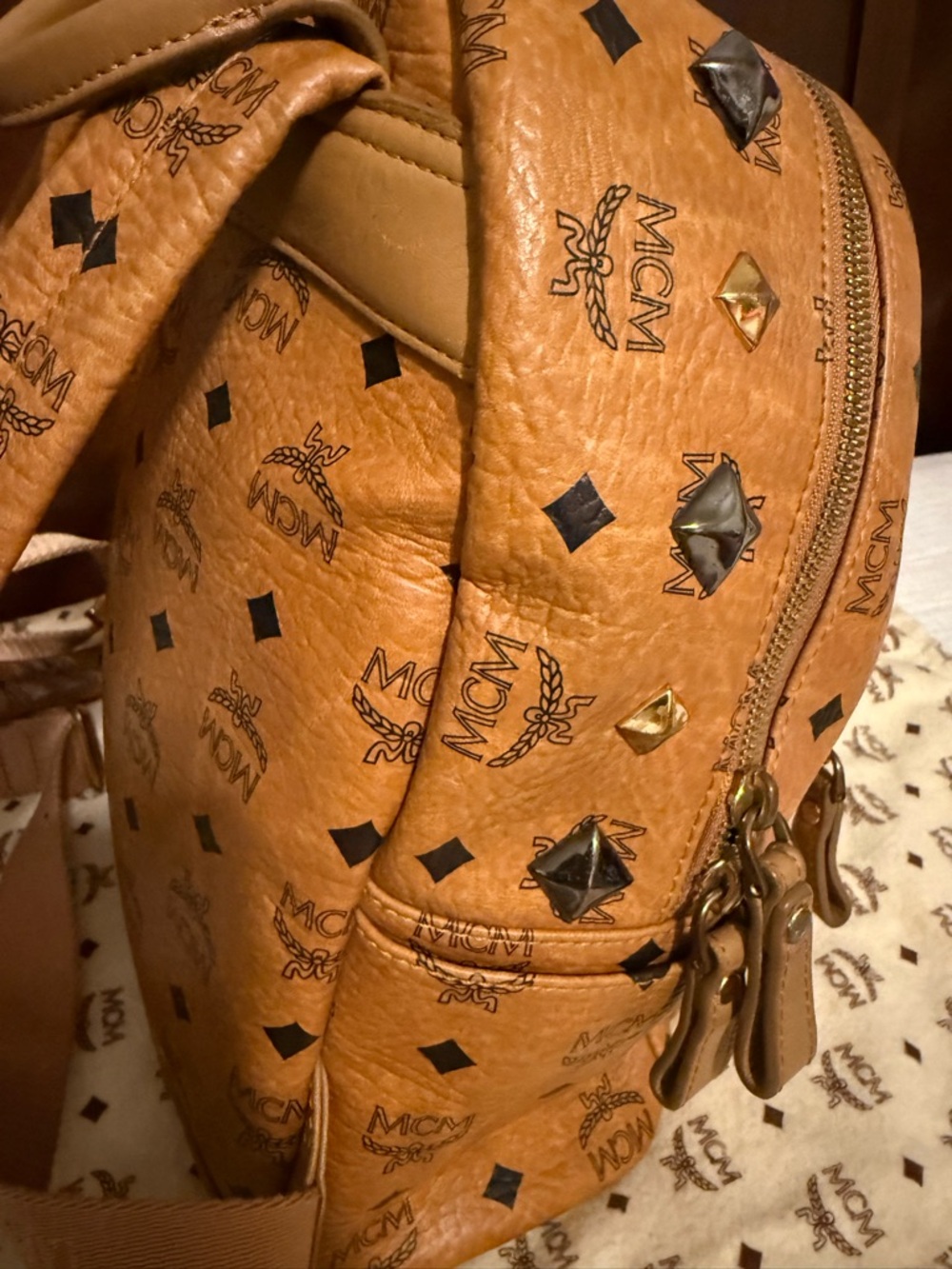 MCM Cognac Visetos Mini Backpack with Gold and Black Studs - Picture 3 of 11